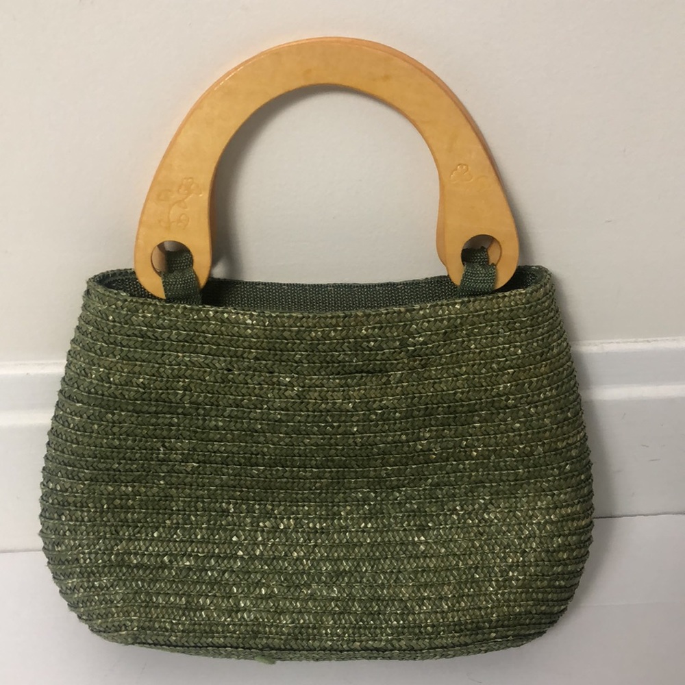 Vintage Olive Woven Bag With Wooden Handle